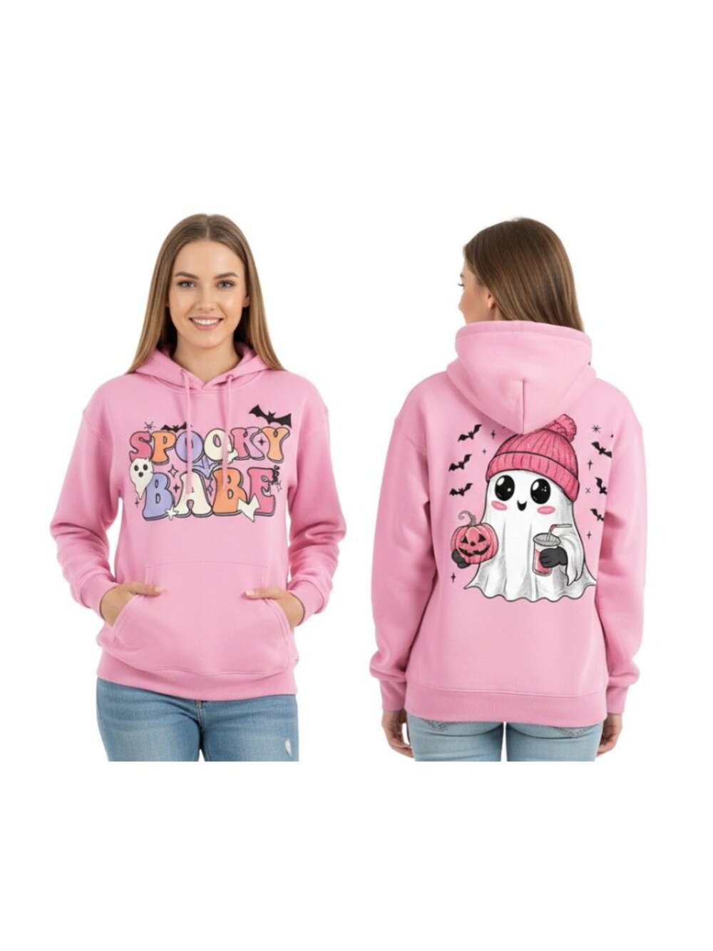 Spooky Babe Cute Ghost Kangaroo Pocket Oversized Halloween Pullover Hoodie Top